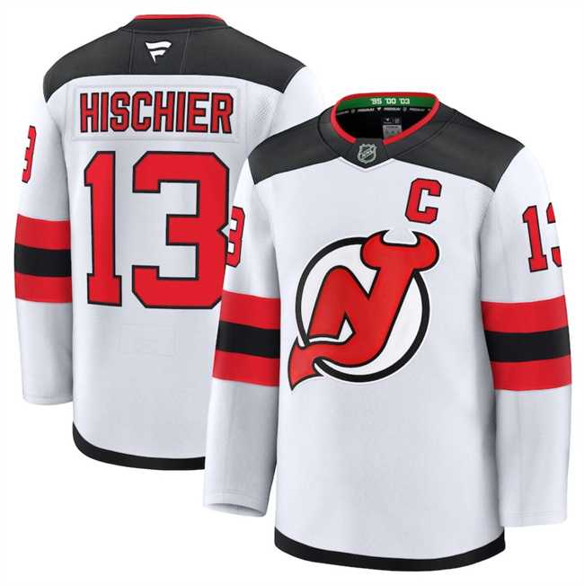 Mens New Jersey Devils #13 Nico Hischier White 2024-25 Away Stitched Hockey Jersey Dzhi->new jersey devils->NHL Jersey
